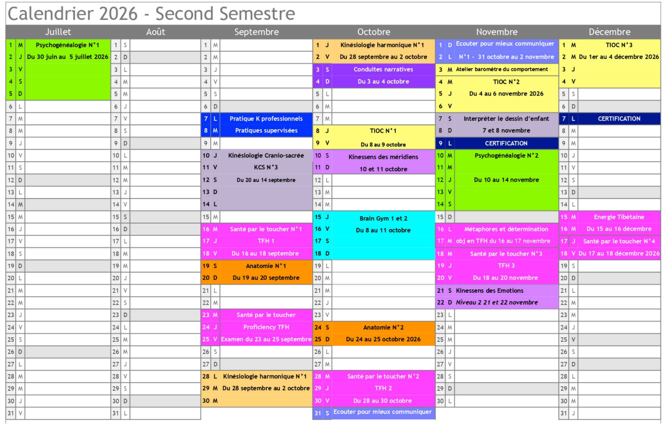 calendrier CFK 2026 semestre 2