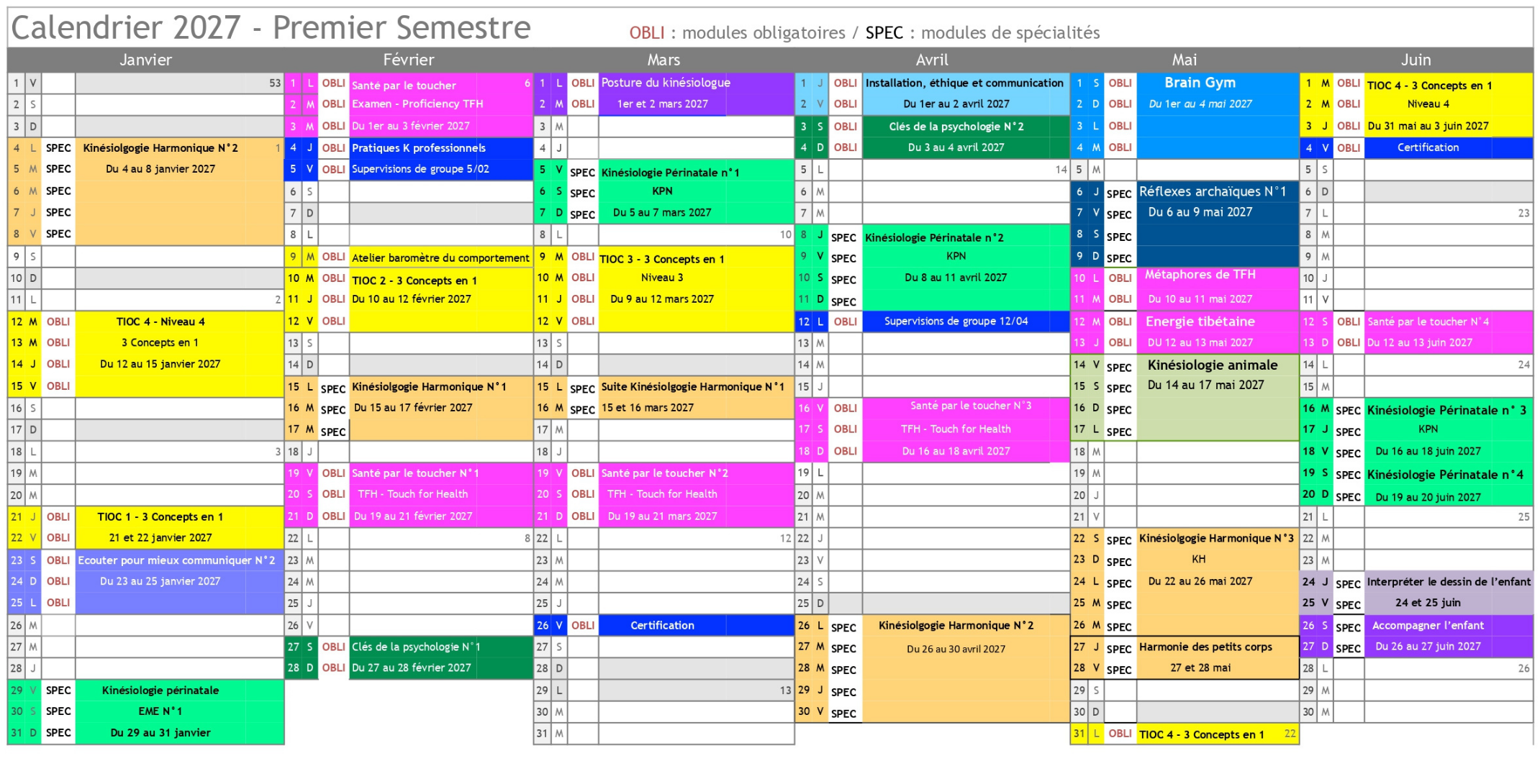calendrier CFK 2027 semestre 1