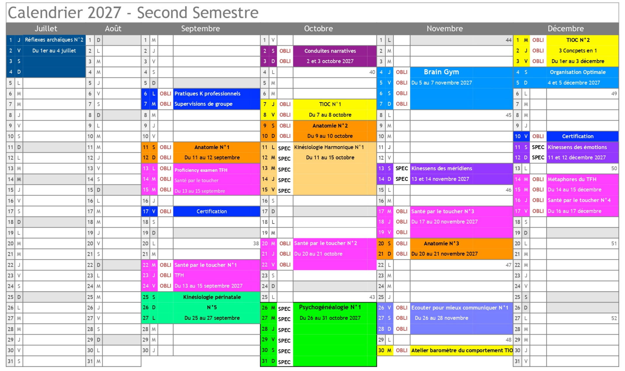 calendrier CFK 2027 semestre 2